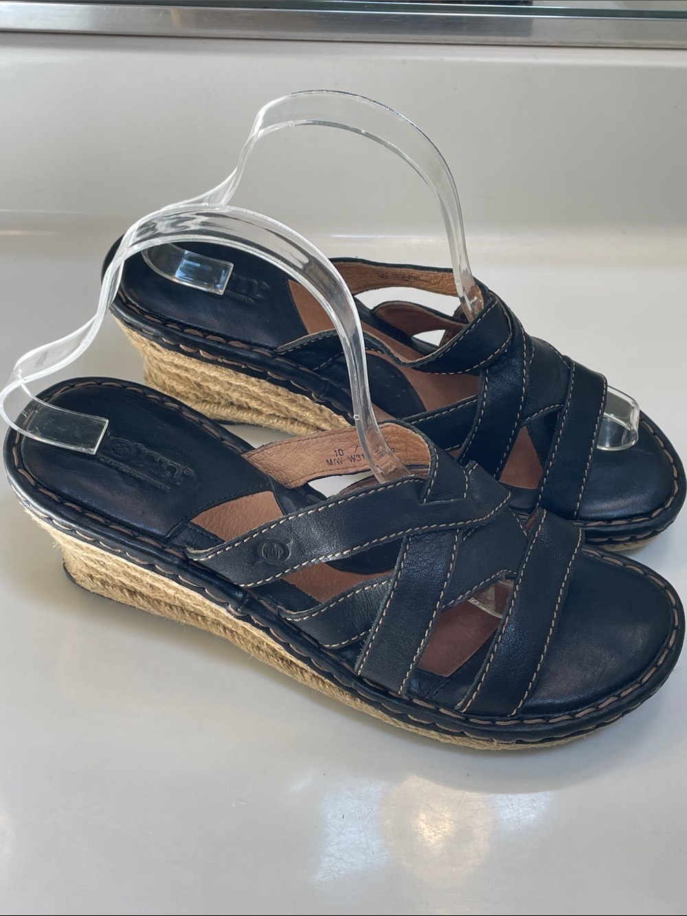 Born Women's Black Leather Strappy Espadrille Woven Wedge Sandals